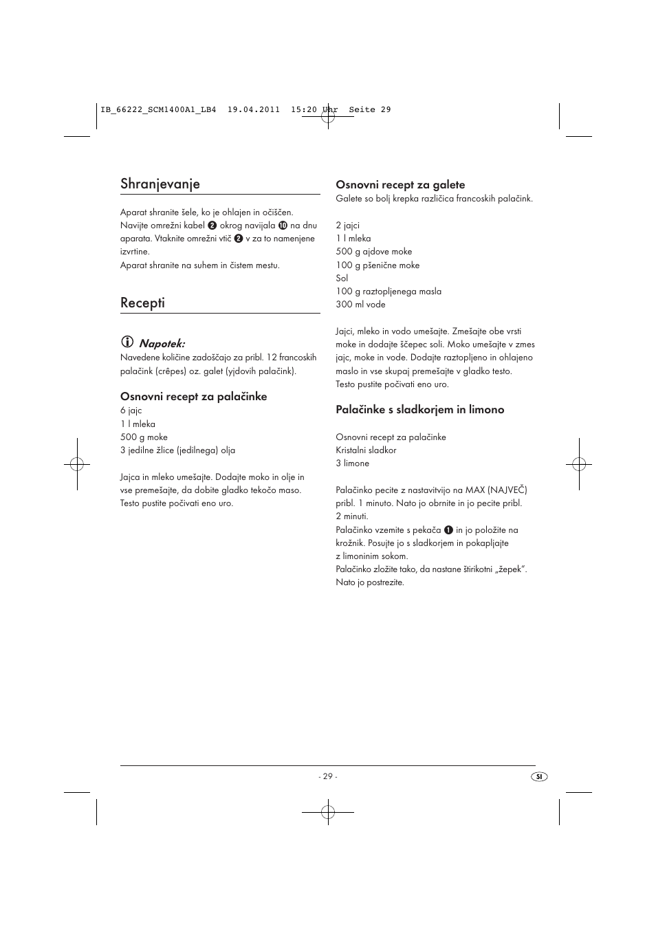 Shranjevanje, Recepti | Silvercrest SCM 1400 A1 User Manual | Page 31 / 58