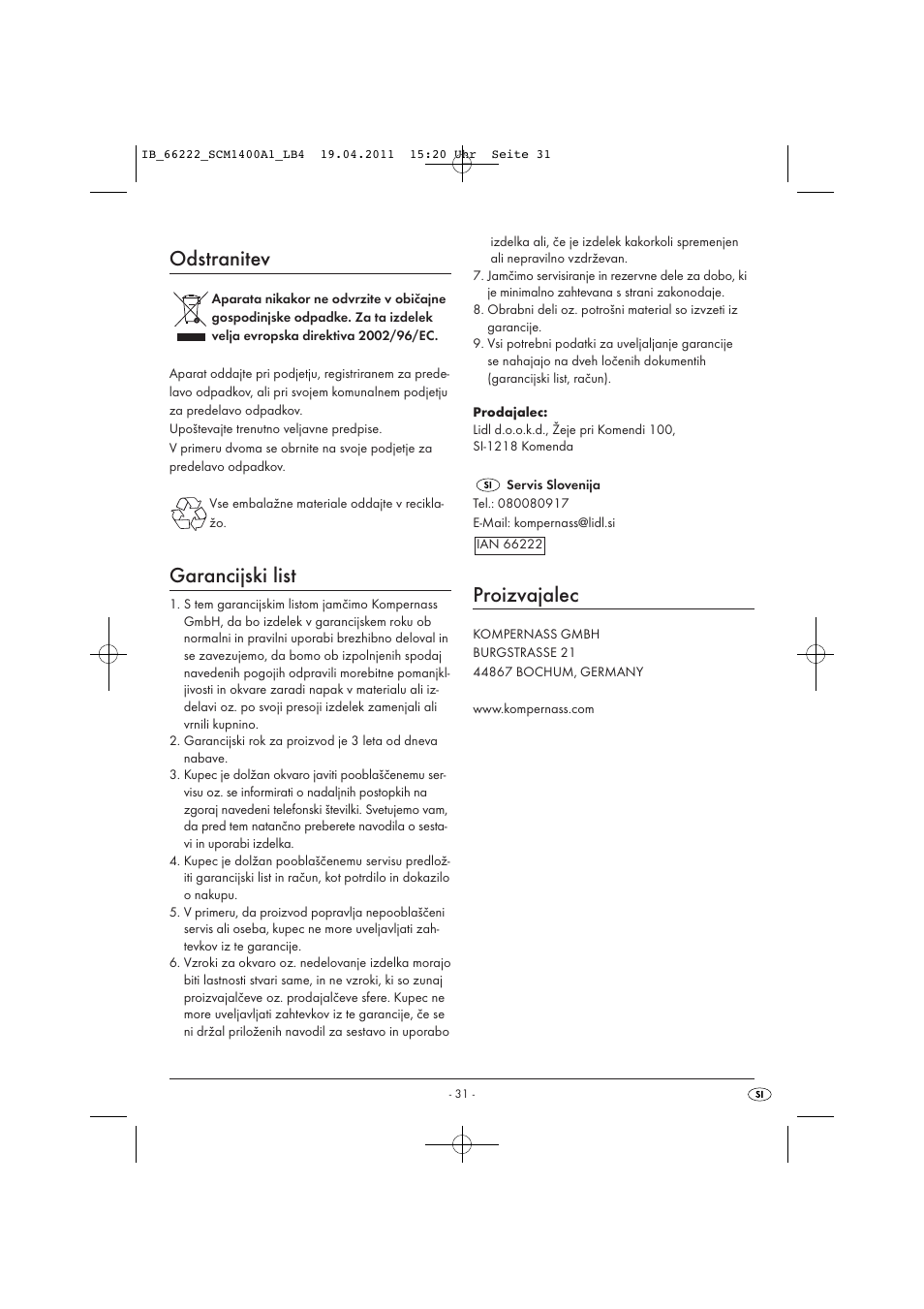 Odstranitev, Garancijski list, Proizvajalec | Silvercrest SCM 1400 A1 User Manual | Page 33 / 58