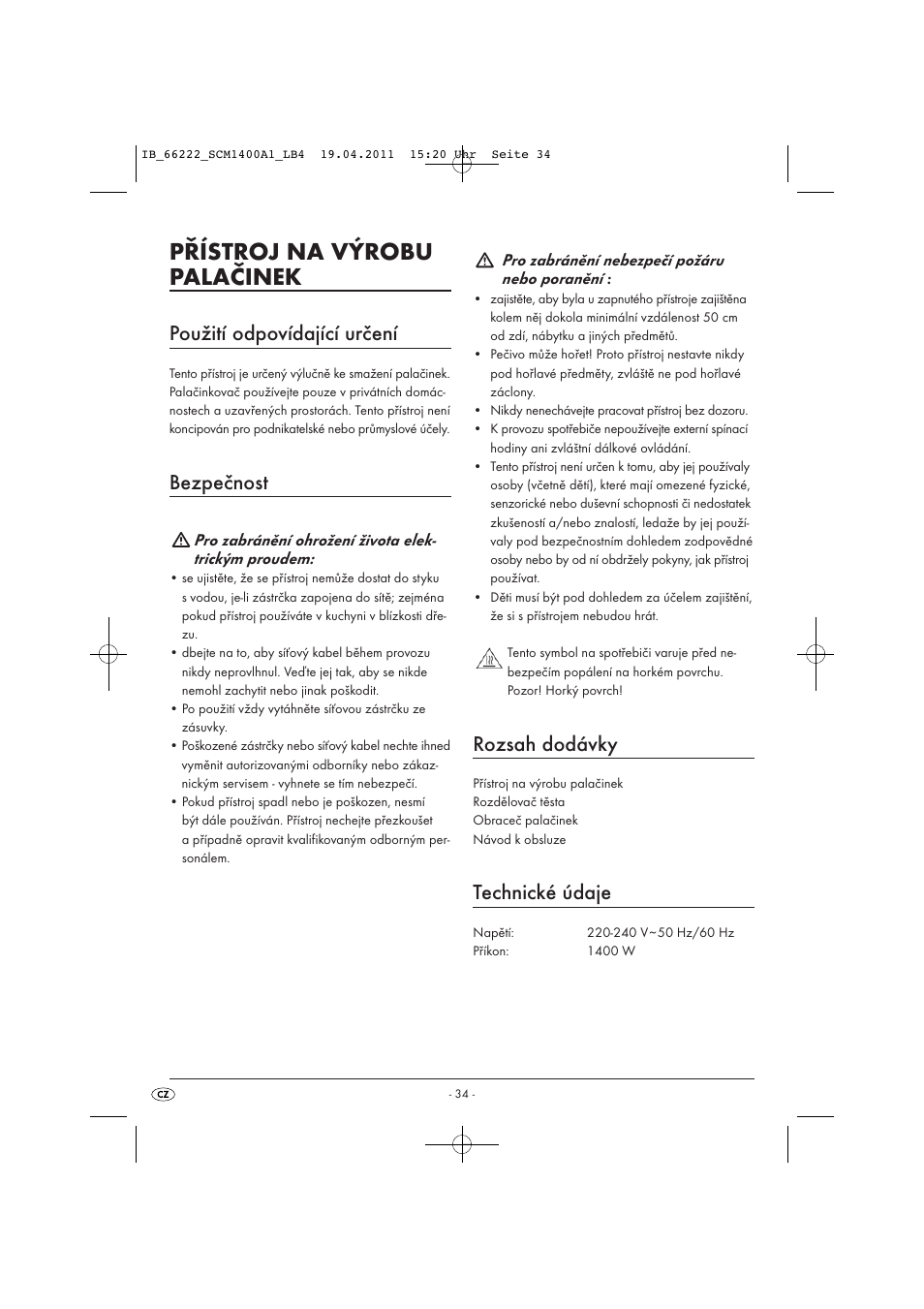 Přístroj na výrobu palačinek, Použití odpovídající určení, Bezpečnost | Rozsah dodávky, Technické údaje | Silvercrest SCM 1400 A1 User Manual | Page 36 / 58
