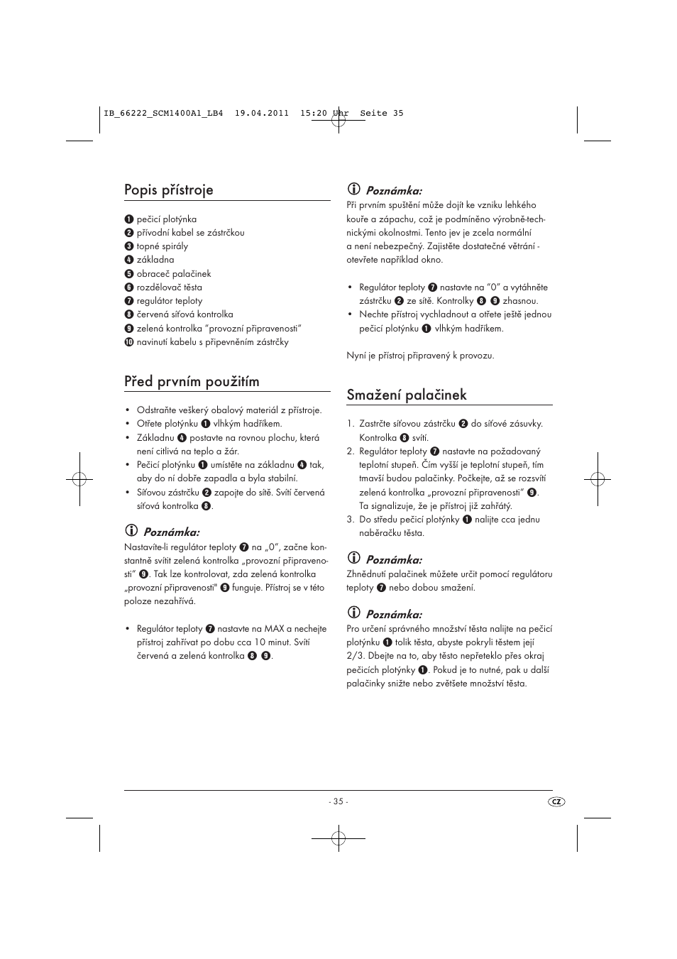 Popis přístroje, Před prvním použitím, Smažení palačinek | Poznámka | Silvercrest SCM 1400 A1 User Manual | Page 37 / 58