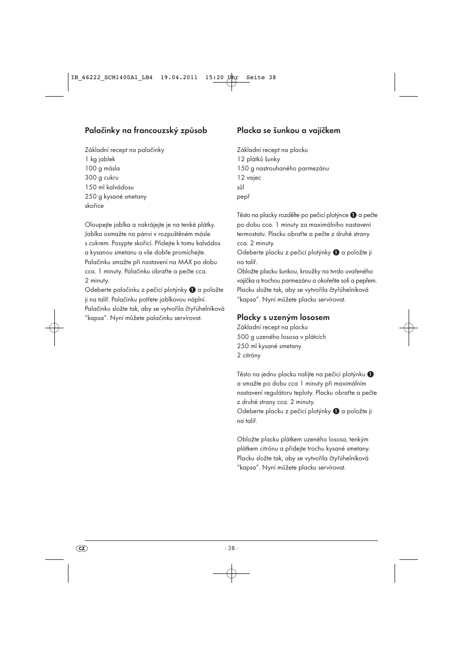Palačinky na francouzský způsob, Placka se šunkou a vajíčkem, Placky s uzeným lososem | Silvercrest SCM 1400 A1 User Manual | Page 40 / 58