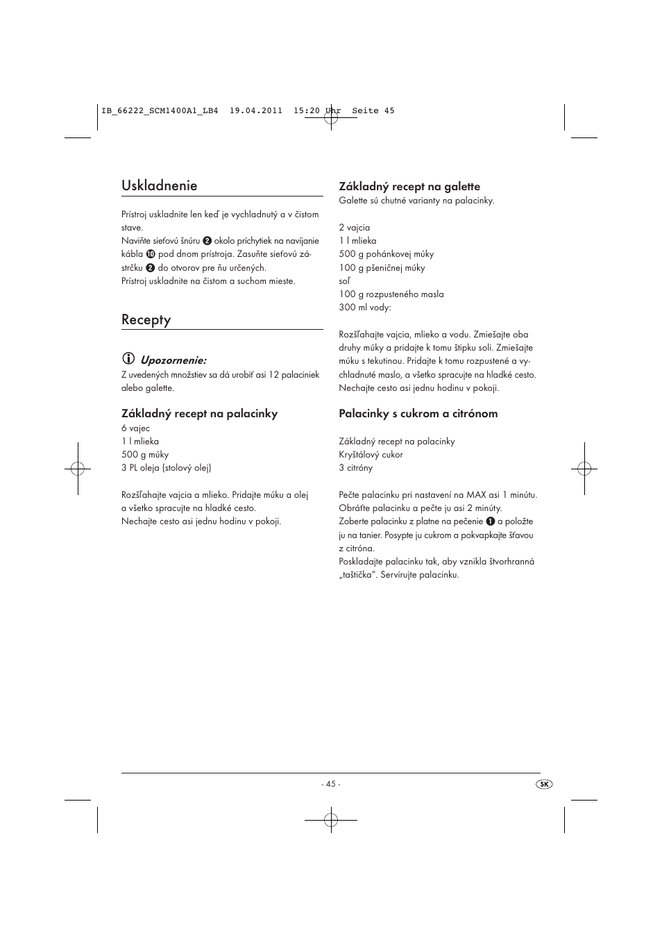 Uskladnenie, Recepty | Silvercrest SCM 1400 A1 User Manual | Page 47 / 58