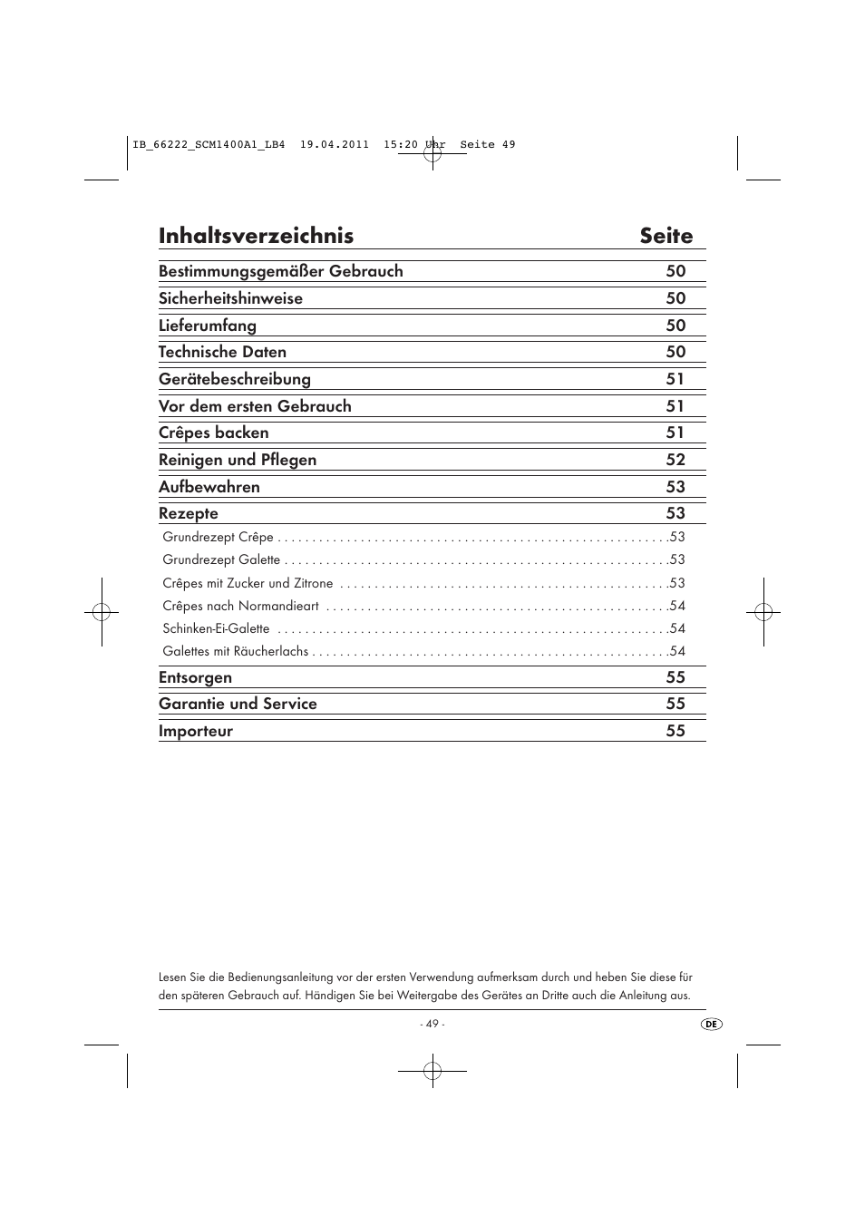 Inhaltsverzeichnis seite | Silvercrest SCM 1400 A1 User Manual | Page 51 / 58