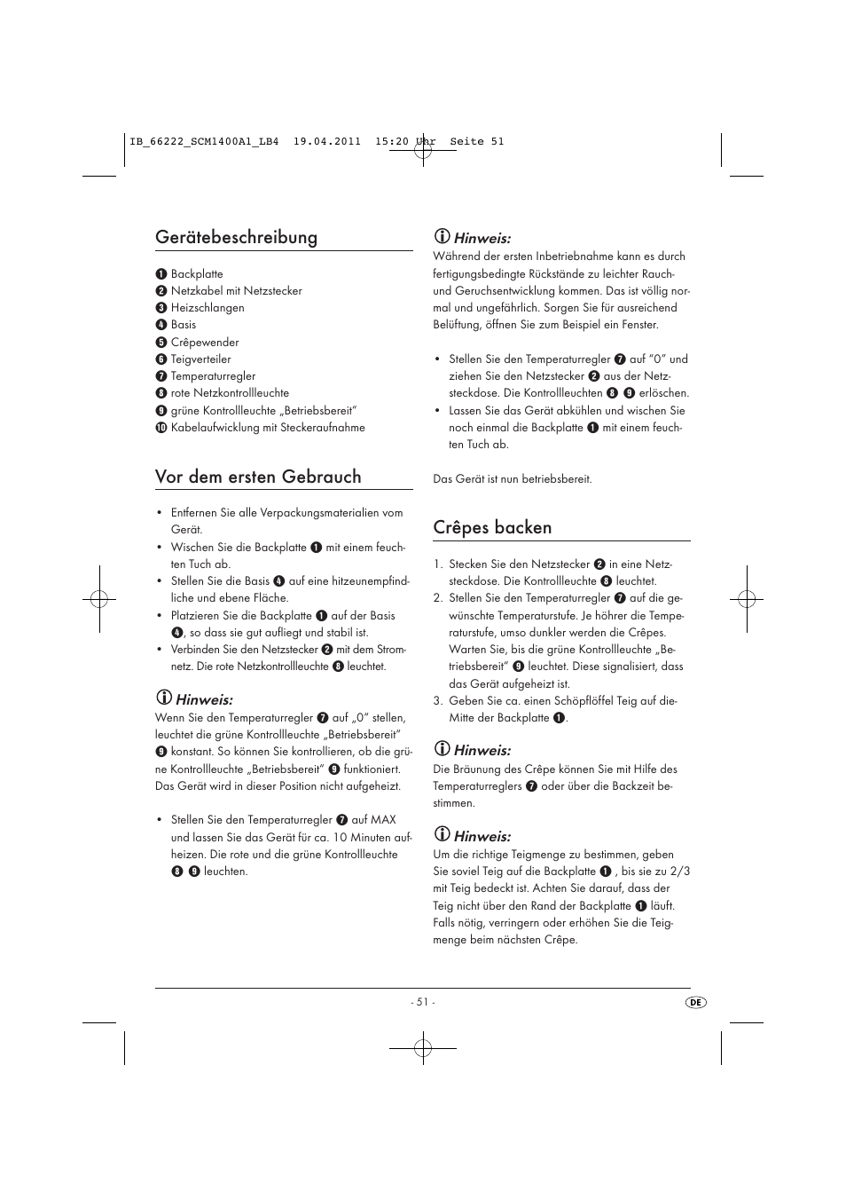 Gerätebeschreibung, Vor dem ersten gebrauch, Crêpes backen | Hinweis | Silvercrest SCM 1400 A1 User Manual | Page 53 / 58