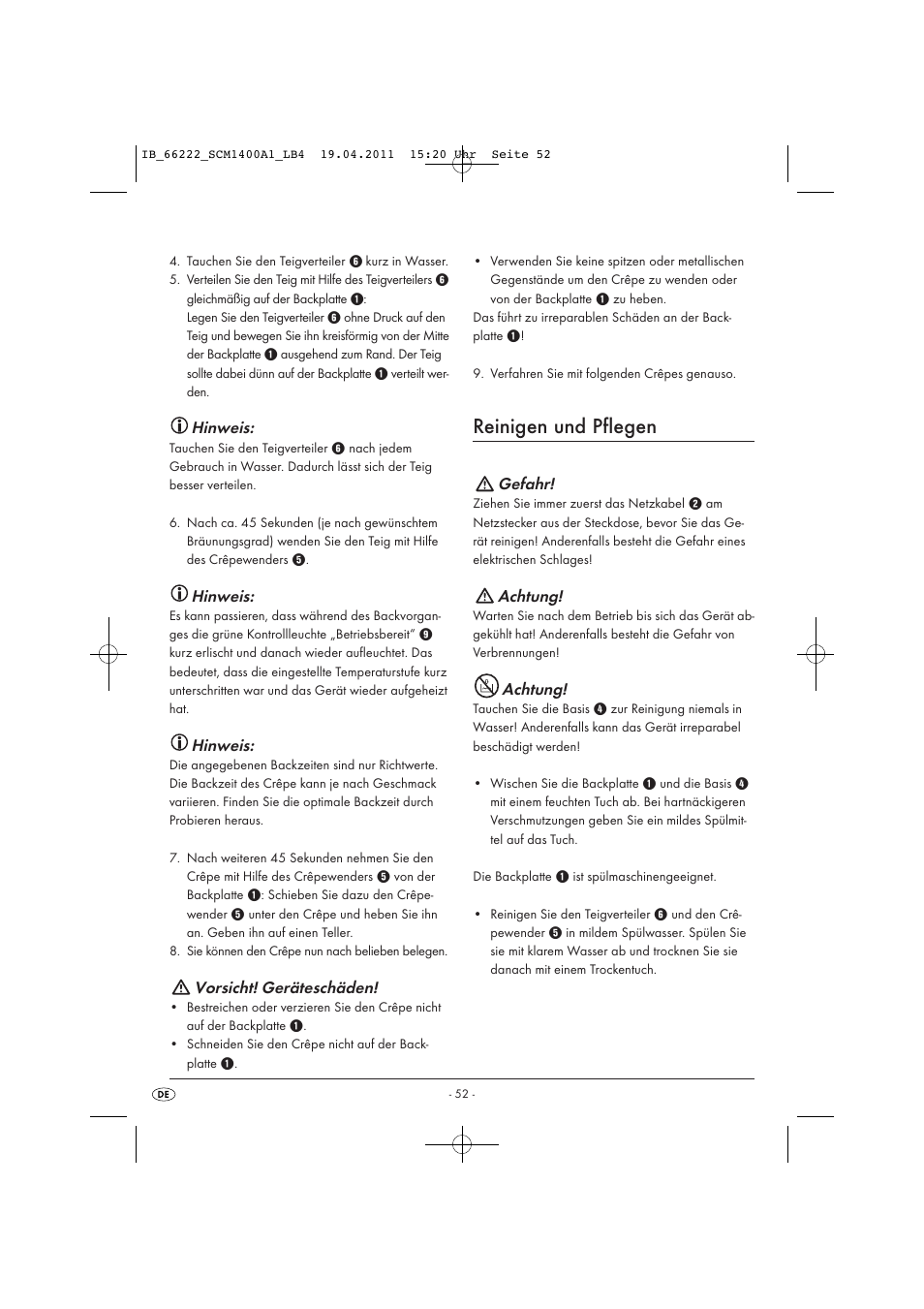 Reinigen und pflegen, Hinweis, Vorsicht! geräteschäden | Gefahr, Achtung | Silvercrest SCM 1400 A1 User Manual | Page 54 / 58