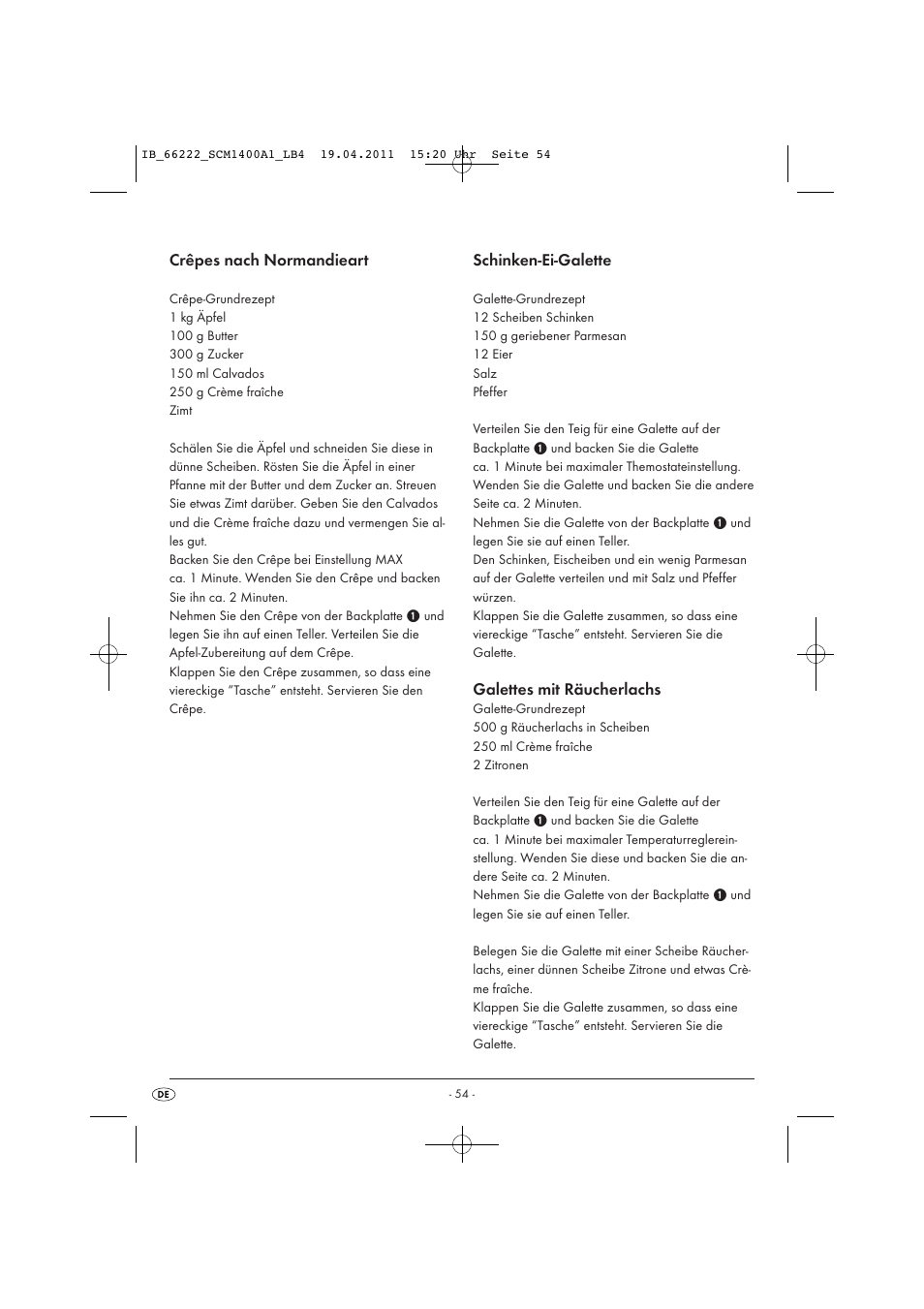 Crêpes nach normandieart, Schinken-ei-galette, Galettes mit räucherlachs | Silvercrest SCM 1400 A1 User Manual | Page 56 / 58