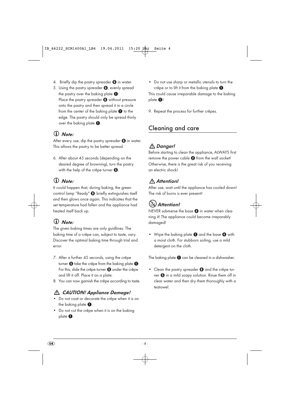 Cleaning and care, Caution! appliance damage, Danger | Attention | Silvercrest SCM 1400 A1 User Manual | Page 6 / 58
