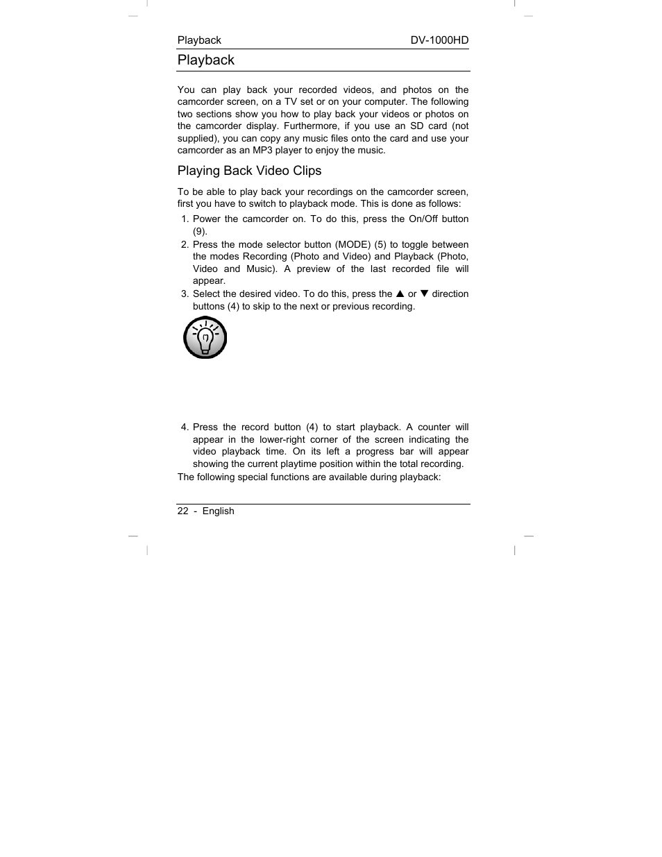 Playback, Playing back video clips | Silvercrest DV-1000HD User Manual | Page 24 / 44