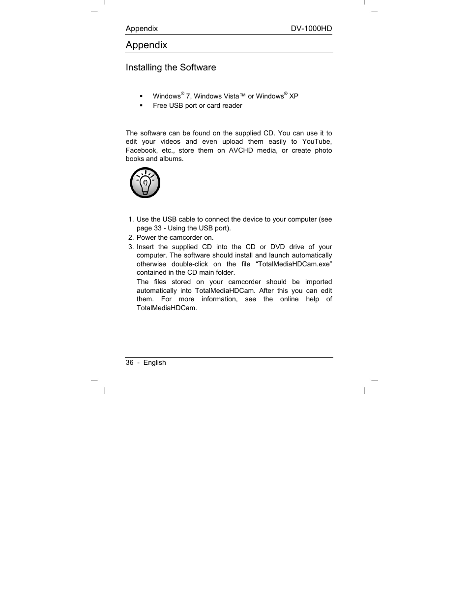 Appendix, Installing the software | Silvercrest DV-1000HD User Manual | Page 38 / 44