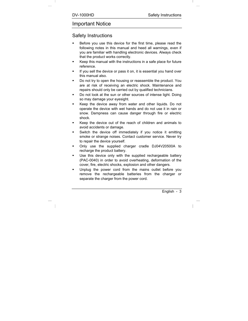 Important notice, Safety instructions | Silvercrest DV-1000HD User Manual | Page 5 / 44