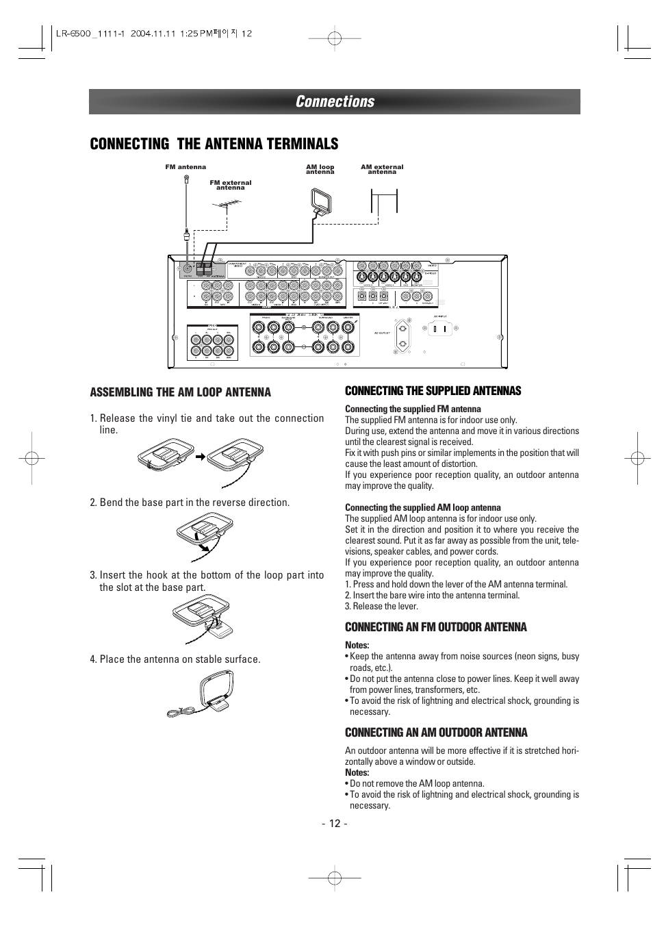 Connecting the antenna terminals, Connections | Luxman LR-6500 User Manual | Page 12 / 36
