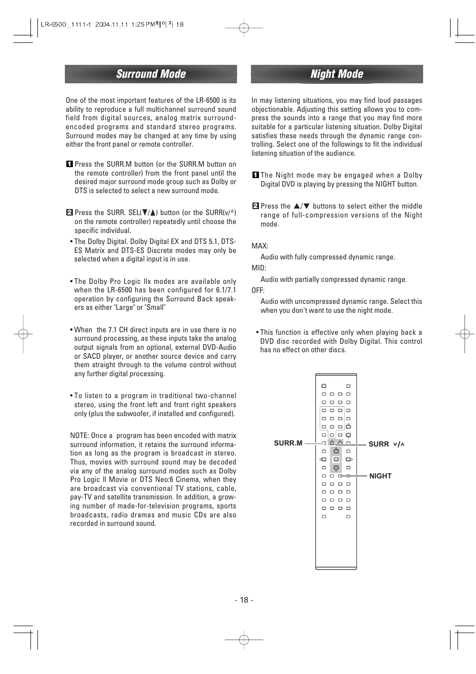 Surround mode, Night mode | Luxman LR-6500 User Manual | Page 18 / 36