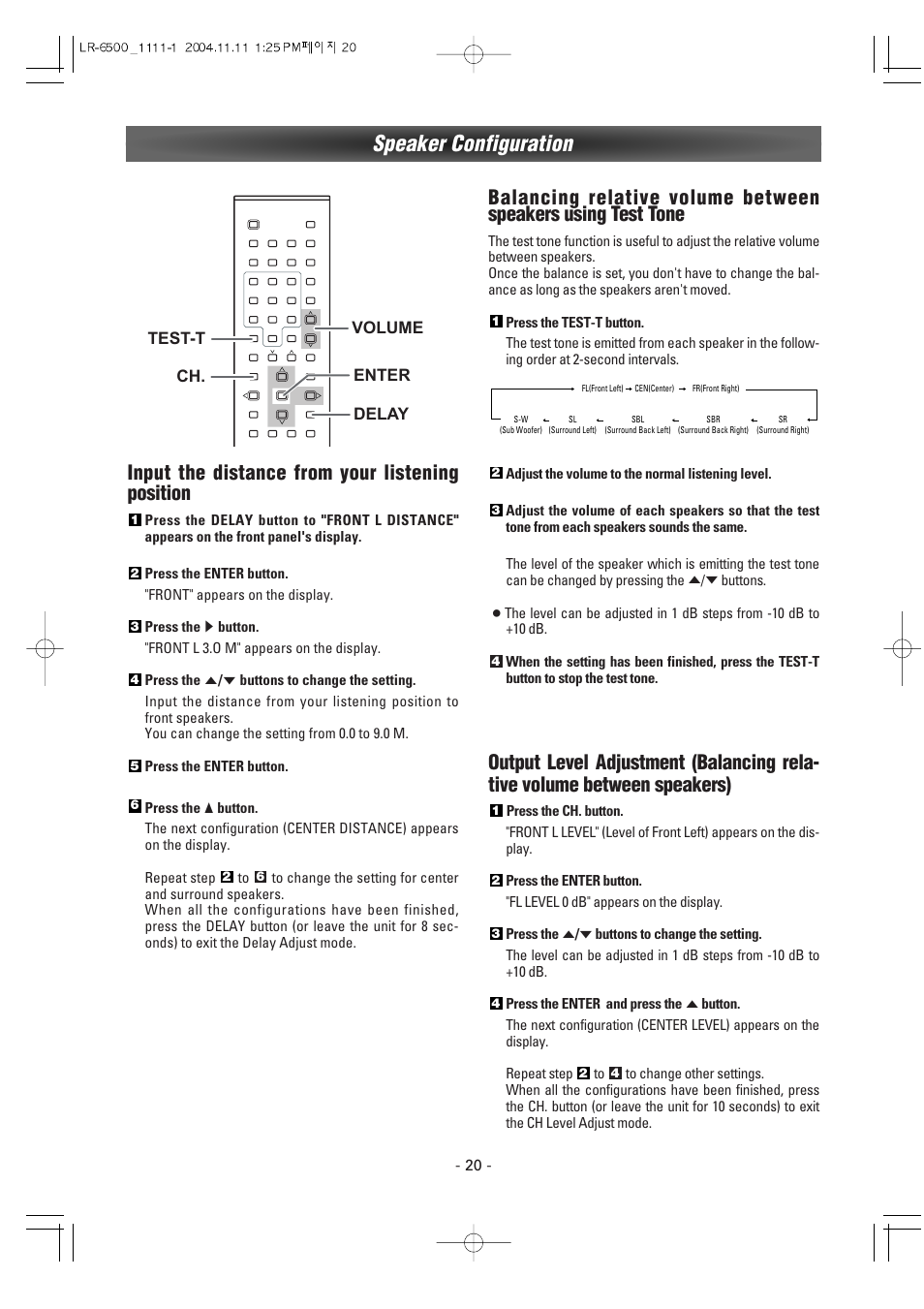 Speaker configuration, Input the distance from your listening position | Luxman LR-6500 User Manual | Page 20 / 36