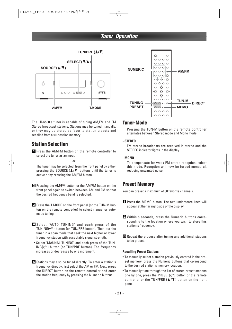 Tuner operation, Station selection, Tuner-mode | Luxman LR-6500 User Manual | Page 21 / 36