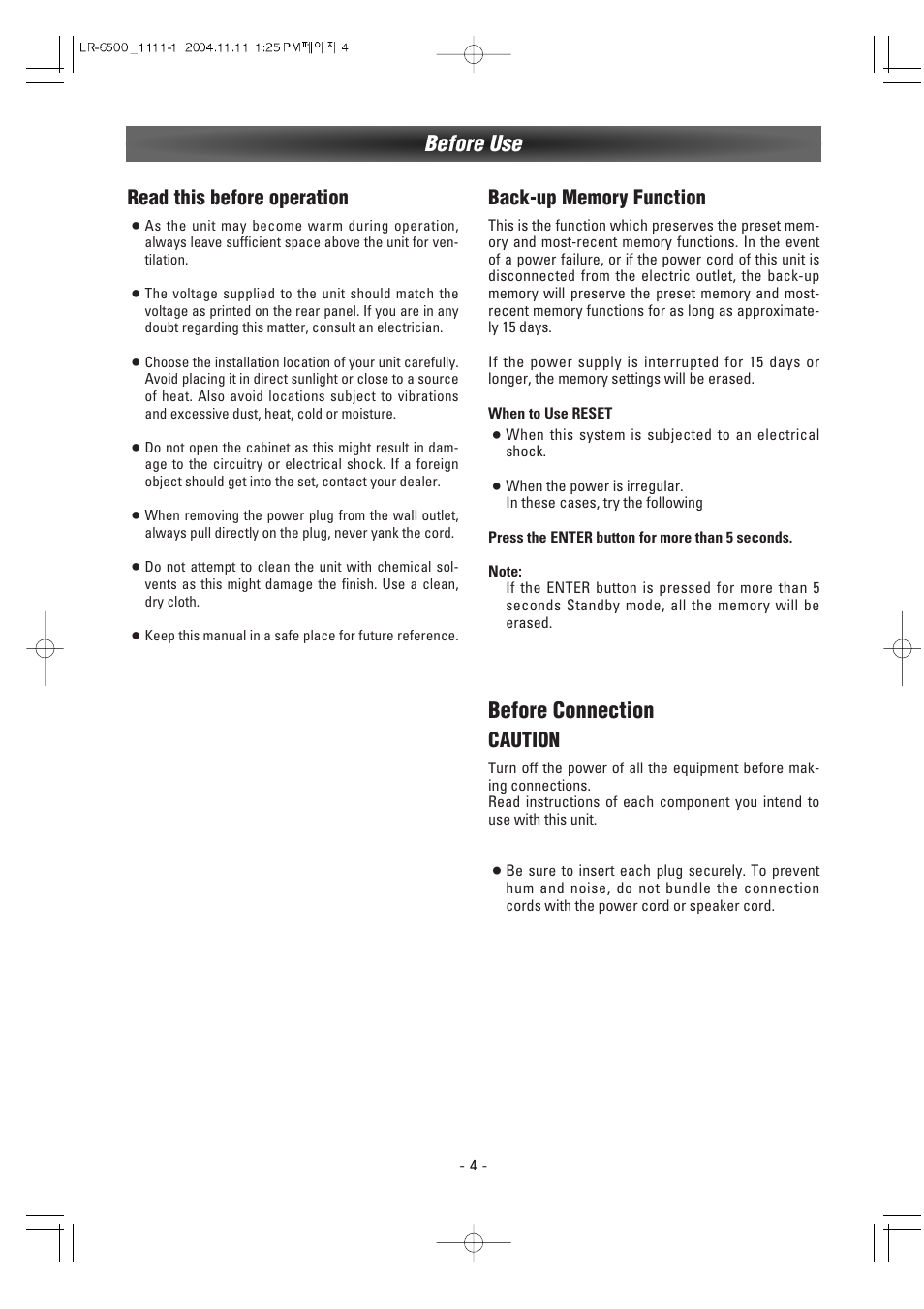 Before use before connection, Caution, Read this before operation | Luxman LR-6500 User Manual | Page 4 / 36