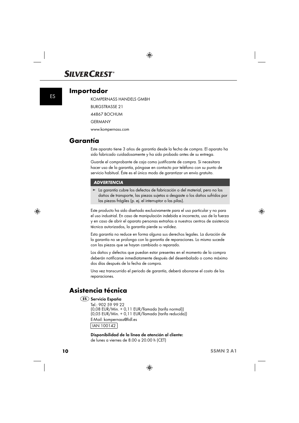 Importador, Garantía, Asistencia técnica | Silvercrest SSMN 2 A1 User Manual | Page 13 / 45