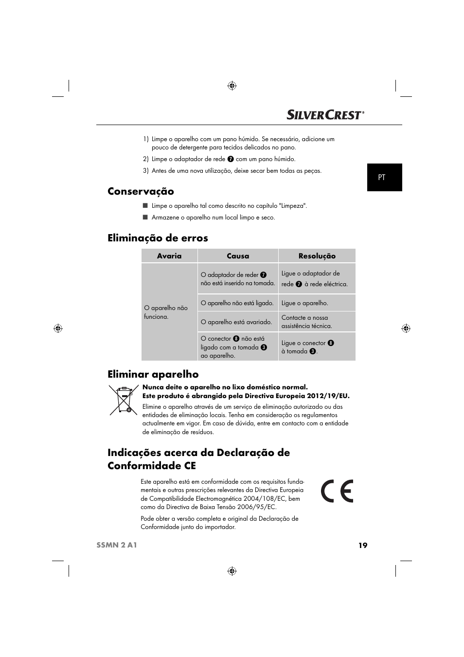 Conservação, Eliminação de erros, Eliminar aparelho | Indicações acerca da declaração de conformidade ce | Silvercrest SSMN 2 A1 User Manual | Page 22 / 45