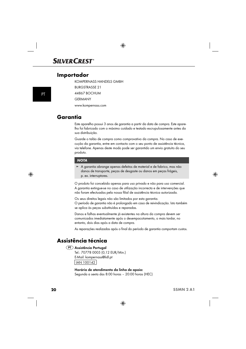 Importador, Garantia, Assistência técnica | Silvercrest SSMN 2 A1 User Manual | Page 23 / 45