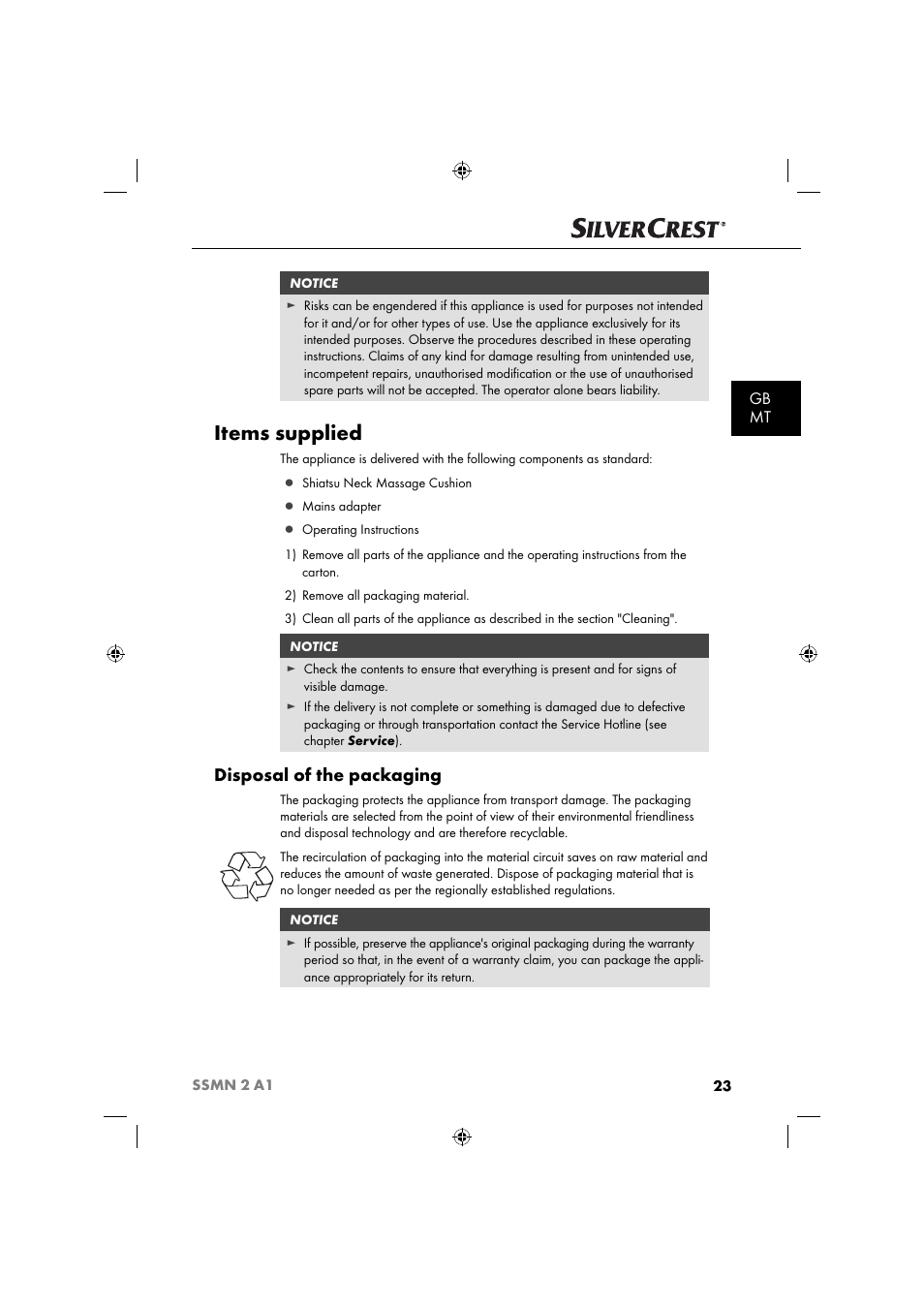 Items supplied, Disposal of the packaging, Gb mt | Silvercrest SSMN 2 A1 User Manual | Page 26 / 45