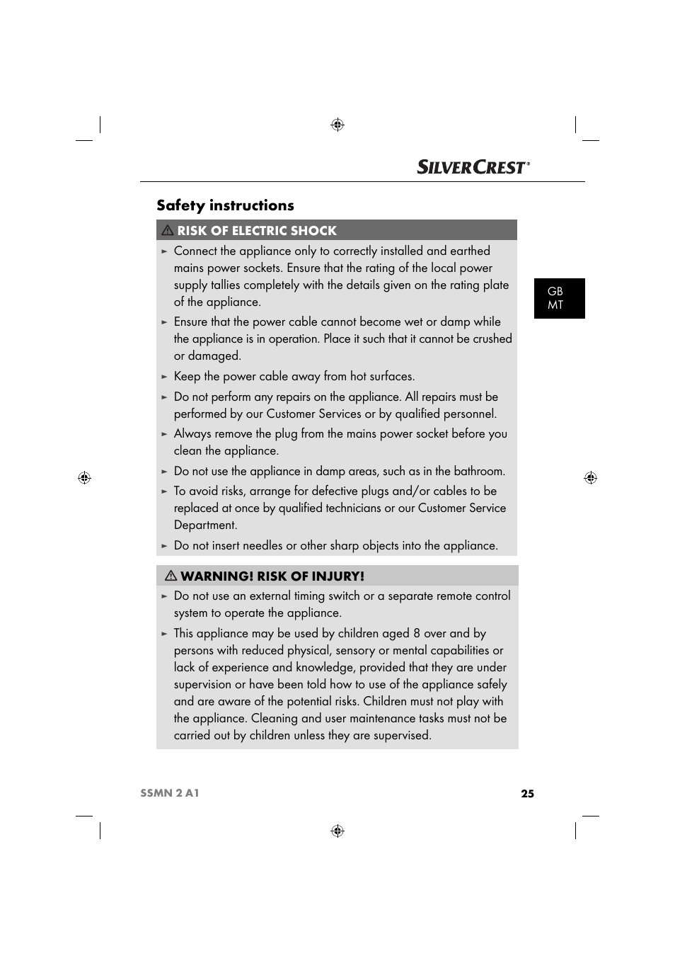 Safety instructions, Risk of electric shock, Keep the power cable away from hot surfaces | Gb mt | Silvercrest SSMN 2 A1 User Manual | Page 28 / 45