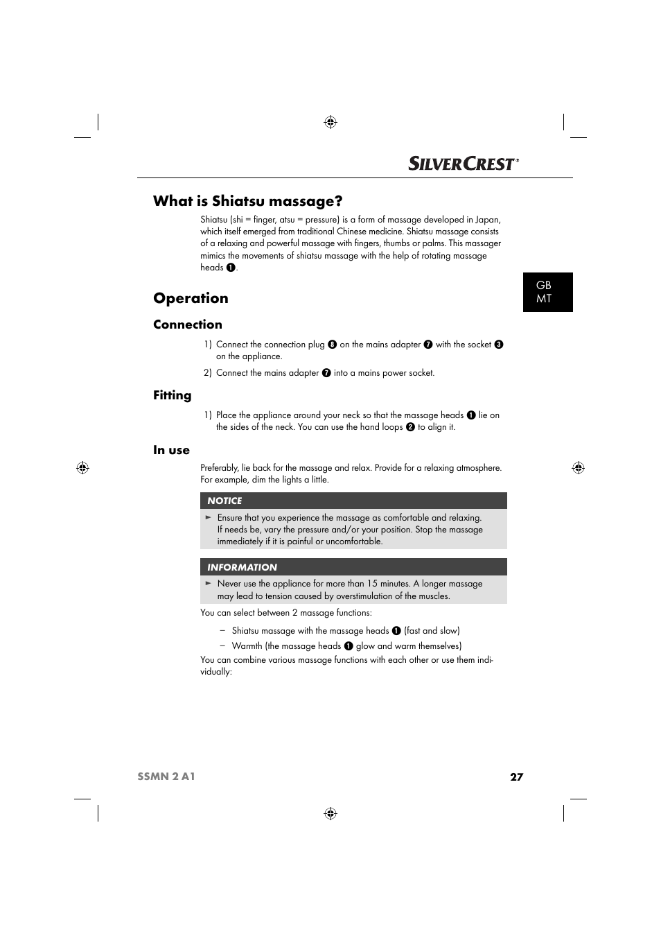 What is shiatsu massage, Operation, Connection | Fitting, Gb mt | Silvercrest SSMN 2 A1 User Manual | Page 30 / 45