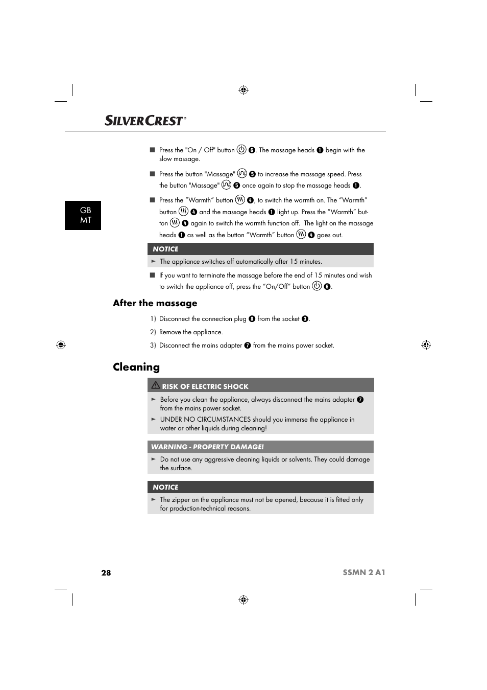 Cleaning, After the massage, Gb mt | Silvercrest SSMN 2 A1 User Manual | Page 31 / 45