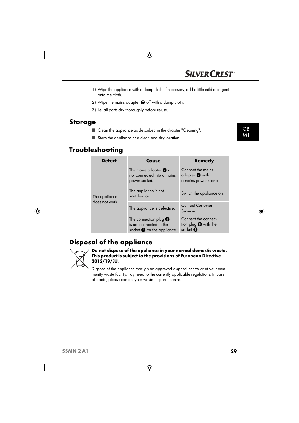 Storage, Troubleshooting, Disposal of the appliance | Gb mt | Silvercrest SSMN 2 A1 User Manual | Page 32 / 45