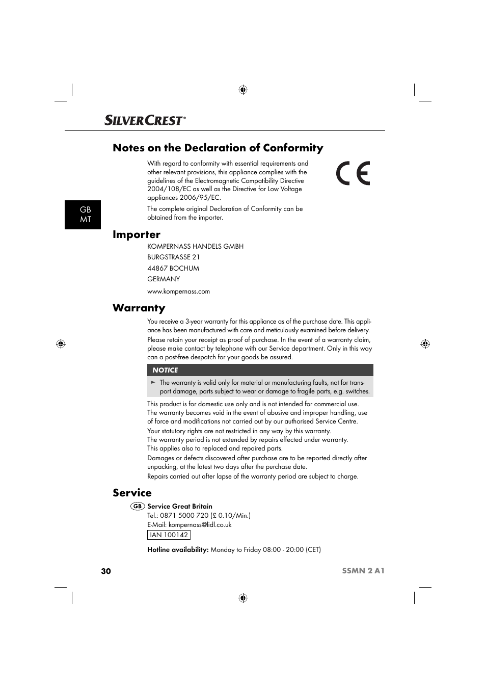 Importer, Warranty, Service | Gb mt | Silvercrest SSMN 2 A1 User Manual | Page 33 / 45