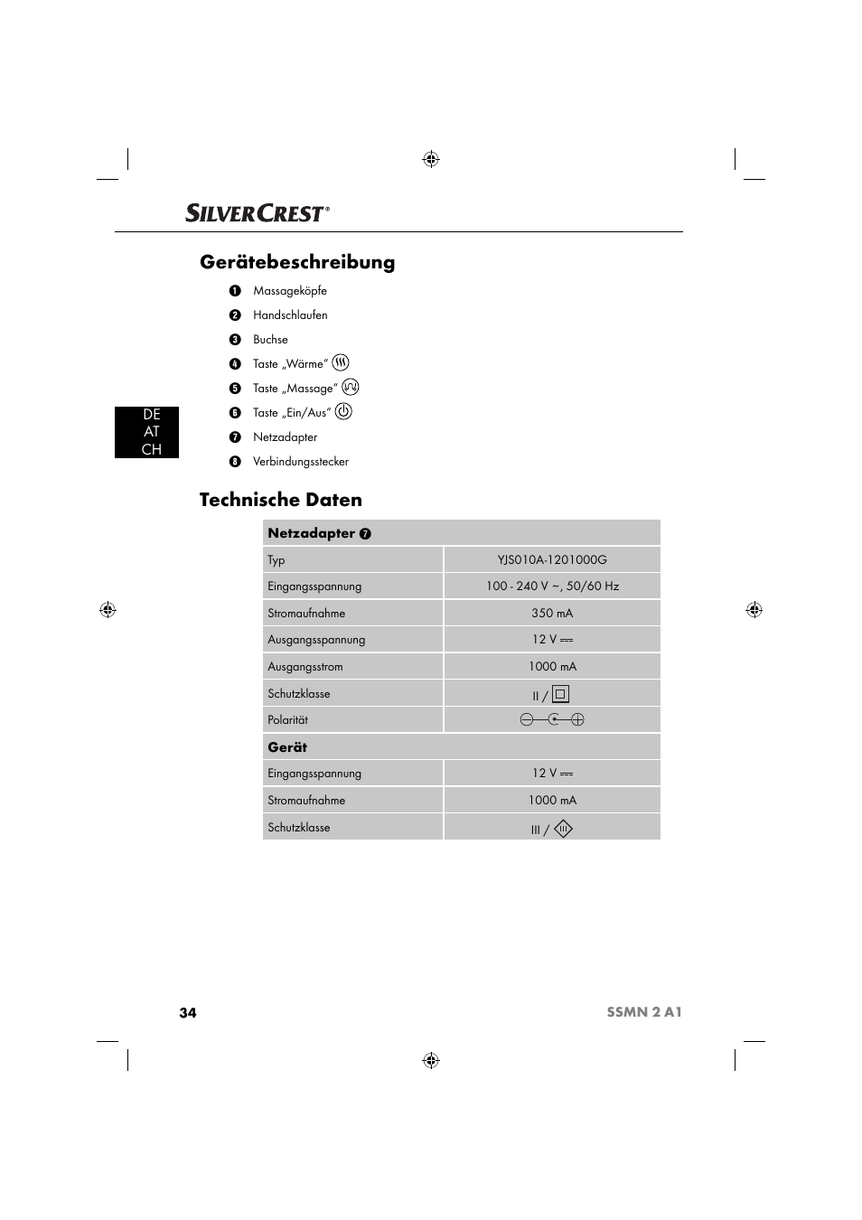 Gerätebeschreibung, Technische daten, De at ch | Silvercrest SSMN 2 A1 User Manual | Page 37 / 45