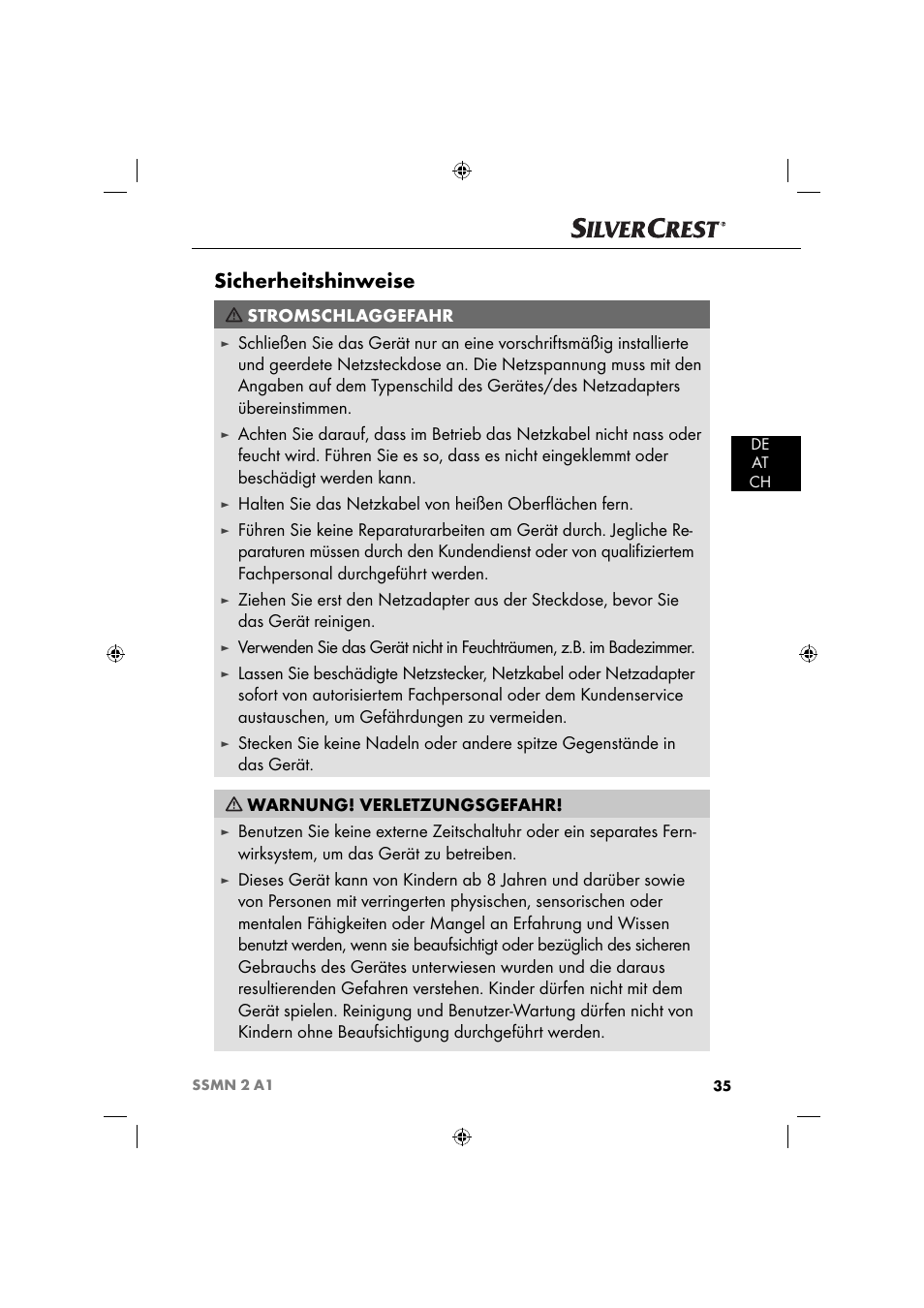 Sicherheitshinweise, Stromschlaggefahr | Silvercrest SSMN 2 A1 User Manual | Page 38 / 45