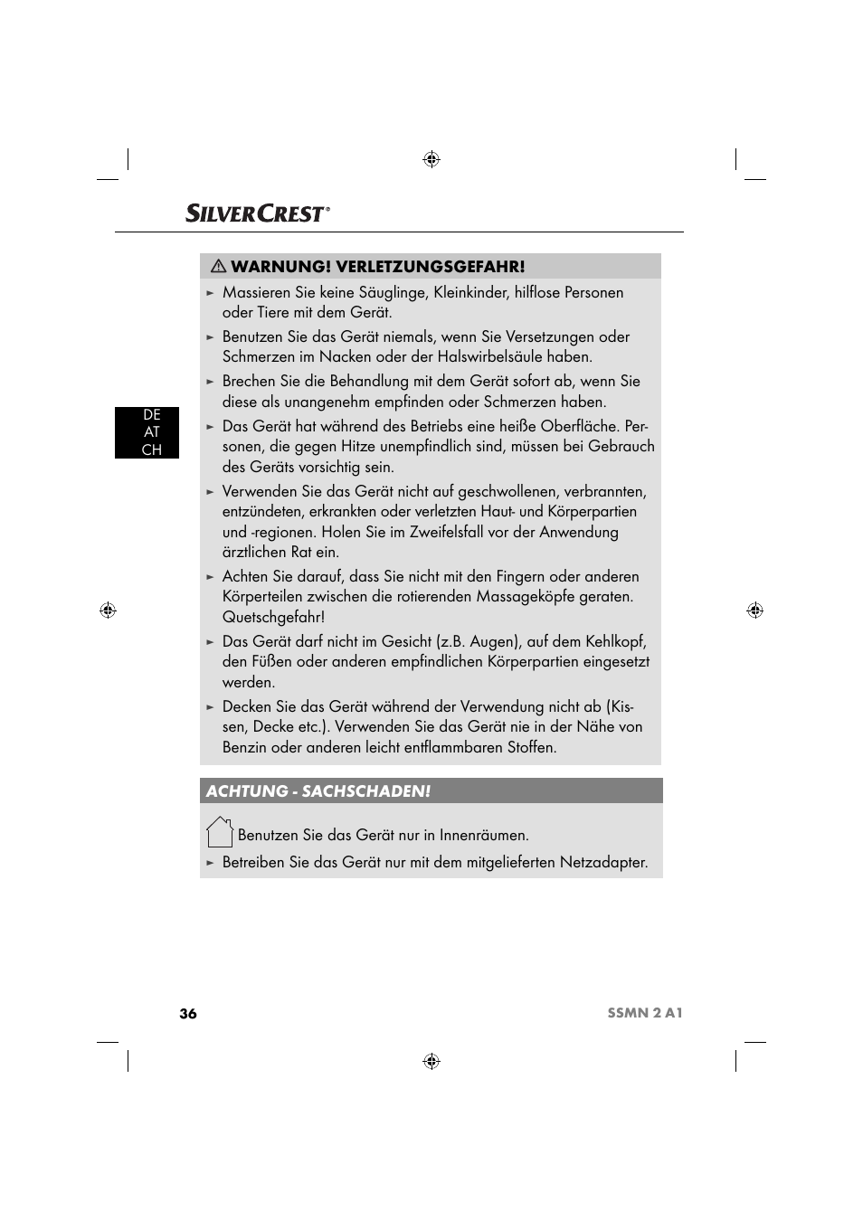 Warnung! verletzungsgefahr, Benutzen sie das gerät nur in innenräumen, De at ch | Silvercrest SSMN 2 A1 User Manual | Page 39 / 45
