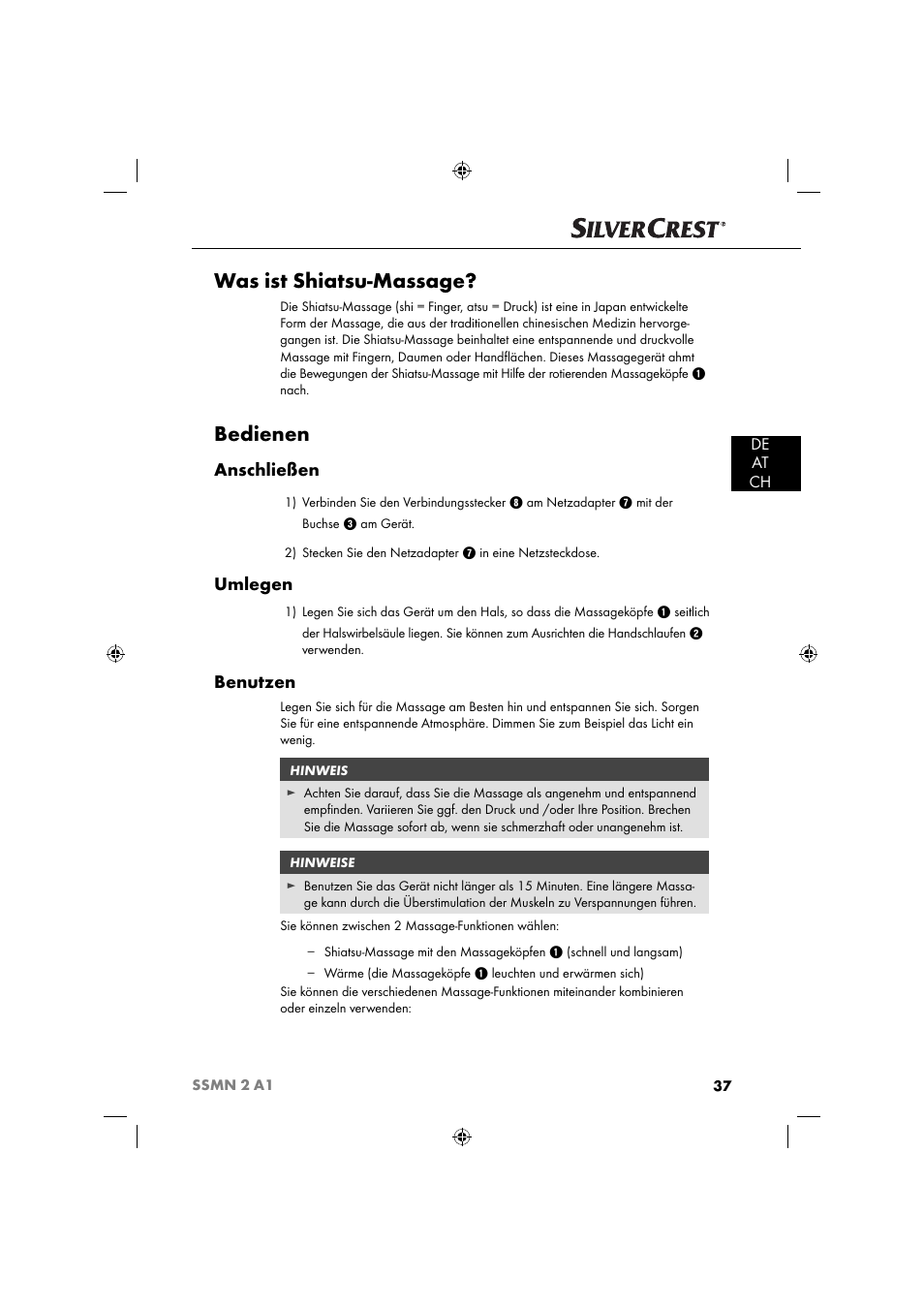 Was ist shiatsu-massage, Bedienen, Anschließen | Umlegen, Benutzen, De at ch | Silvercrest SSMN 2 A1 User Manual | Page 40 / 45