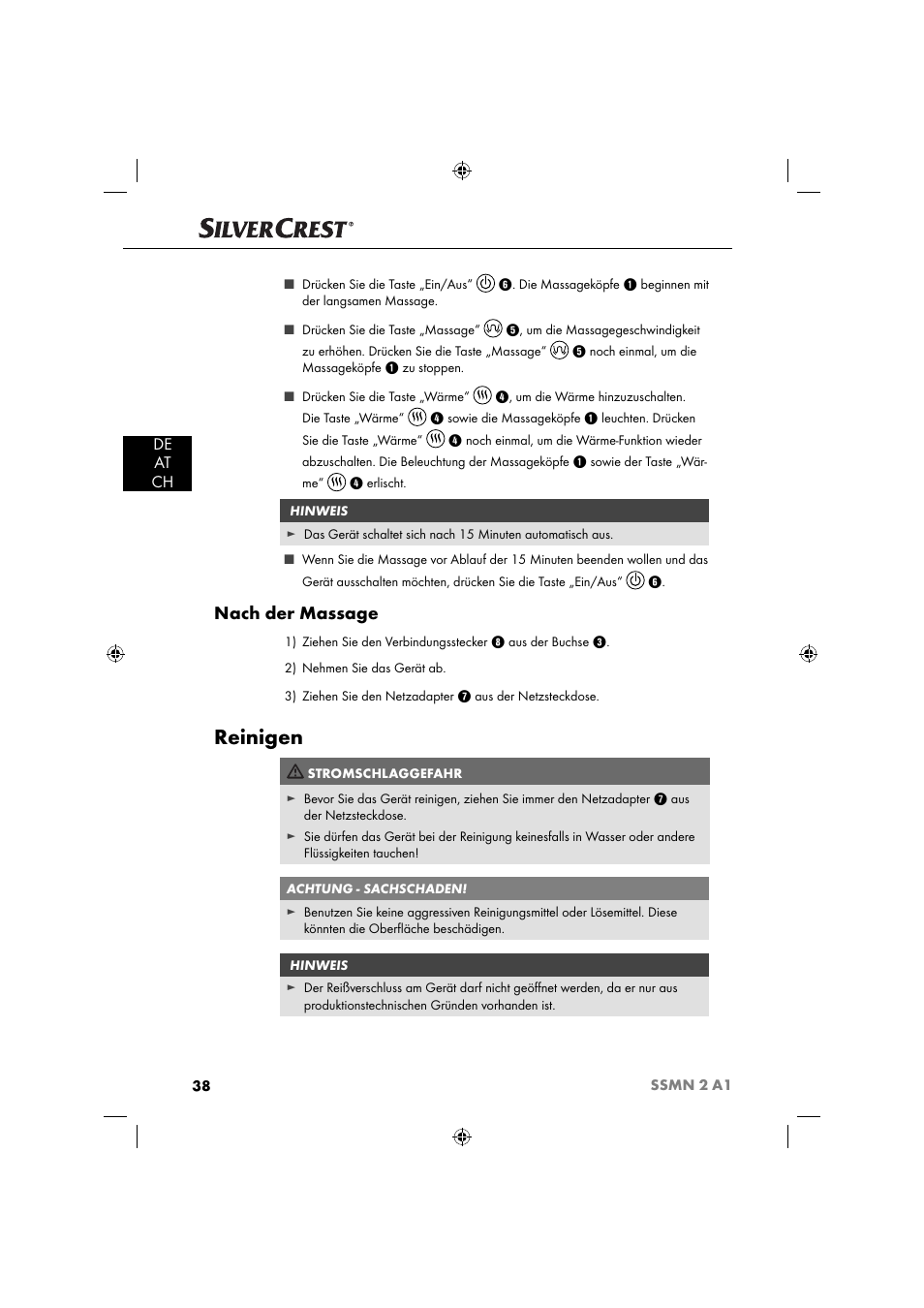 Reinigen, Nach der massage, De at ch | Silvercrest SSMN 2 A1 User Manual | Page 41 / 45