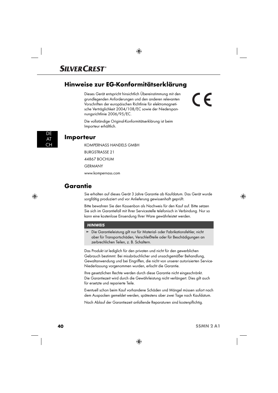 Hinweise zur eg-konformitätserklärung, Importeur, Garantie | De at ch | Silvercrest SSMN 2 A1 User Manual | Page 43 / 45