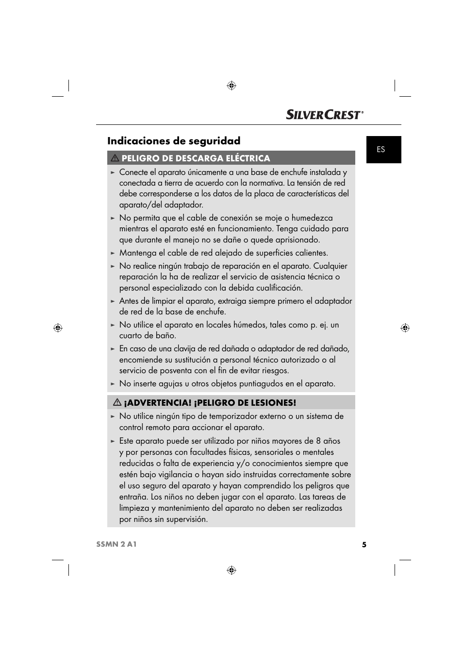 Indicaciones de seguridad, Peligro de descarga eléctrica | Silvercrest SSMN 2 A1 User Manual | Page 8 / 45