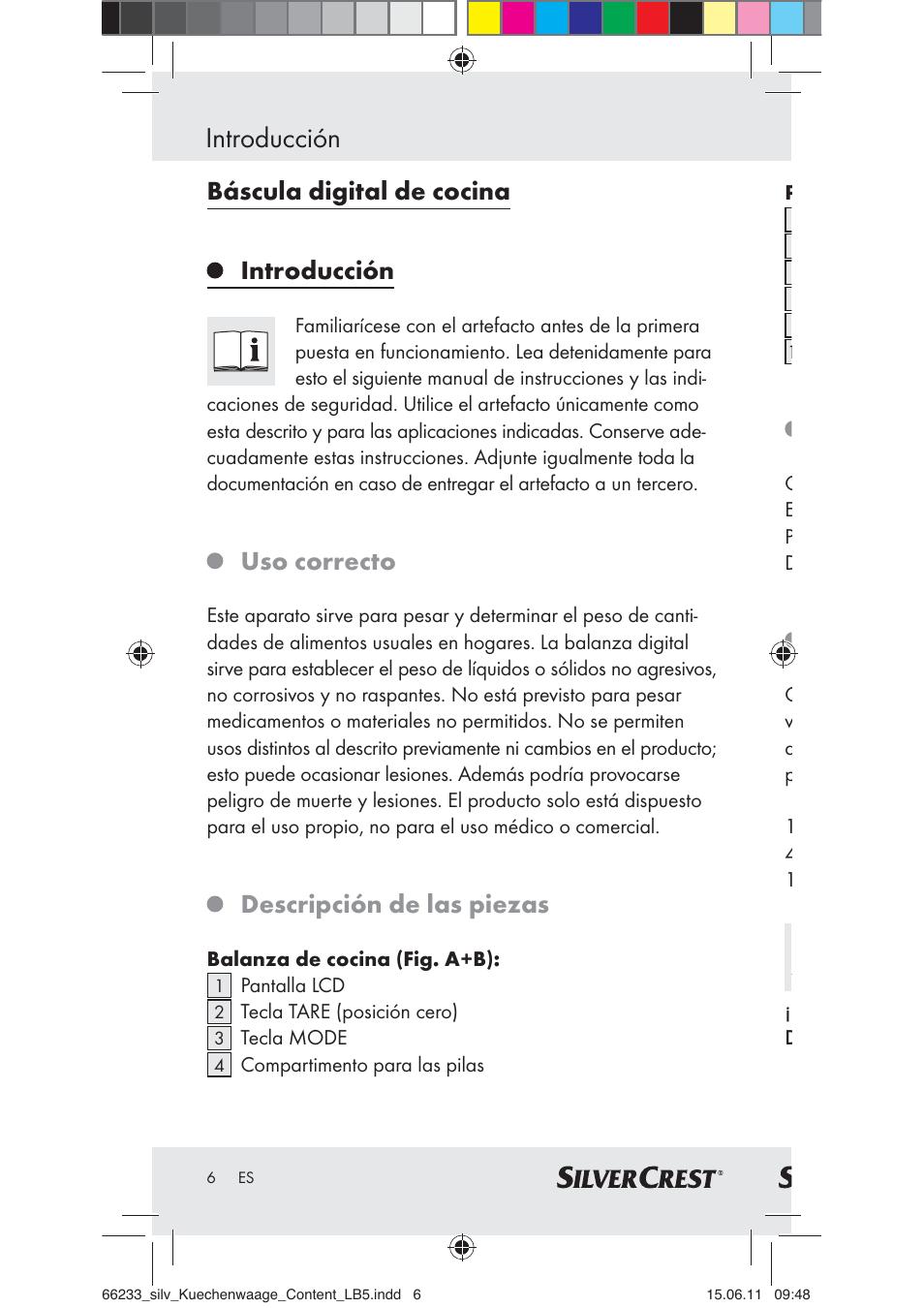 Introducción, Báscula digital de cocina, Uso correcto | Descripción de las piezas | Silvercrest Z30441A User Manual | Page 4 / 58