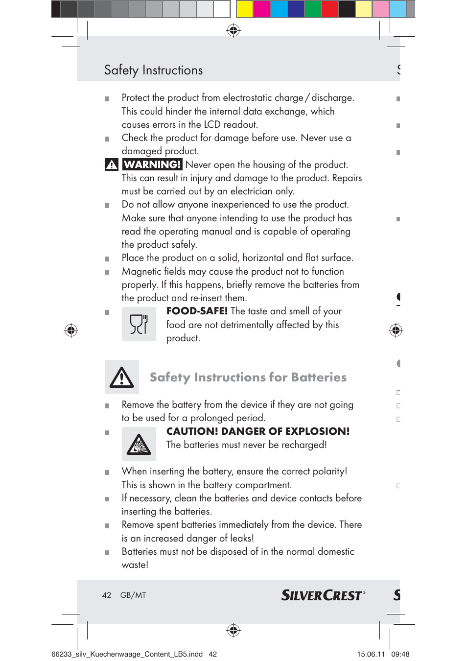 Safety instructions, Safety instructions for batteries | Silvercrest Z30441A User Manual | Page 40 / 58