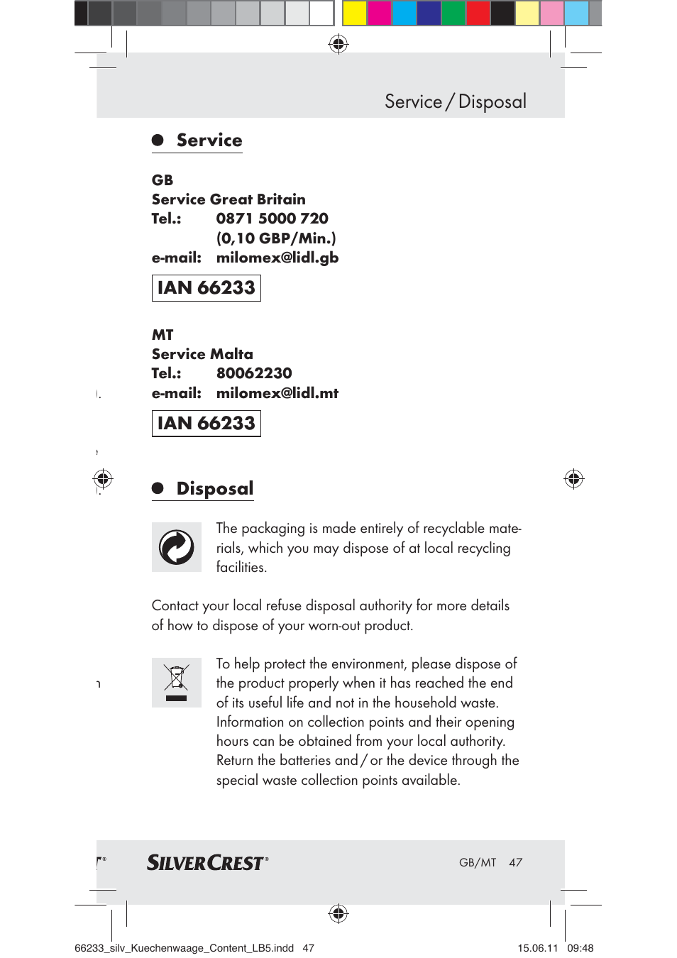 Service / disposal, Service | Silvercrest Z30441A User Manual | Page 45 / 58