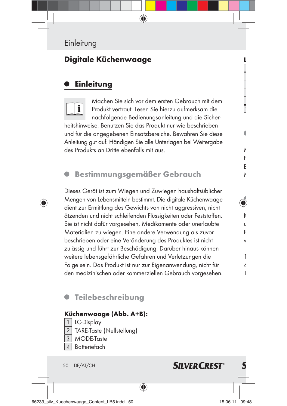 Einleitung, Digitale küchenwaage einleitung, Bestimmungsgemäßer gebrauch | Teilebeschreibung | Silvercrest Z30441A User Manual | Page 48 / 58