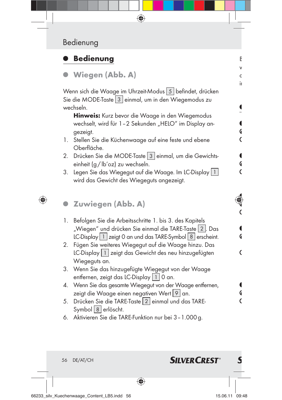 Bedienung, Bedienung wiegen (abb. a), Zuwiegen (abb. a) | Silvercrest Z30441A User Manual | Page 54 / 58