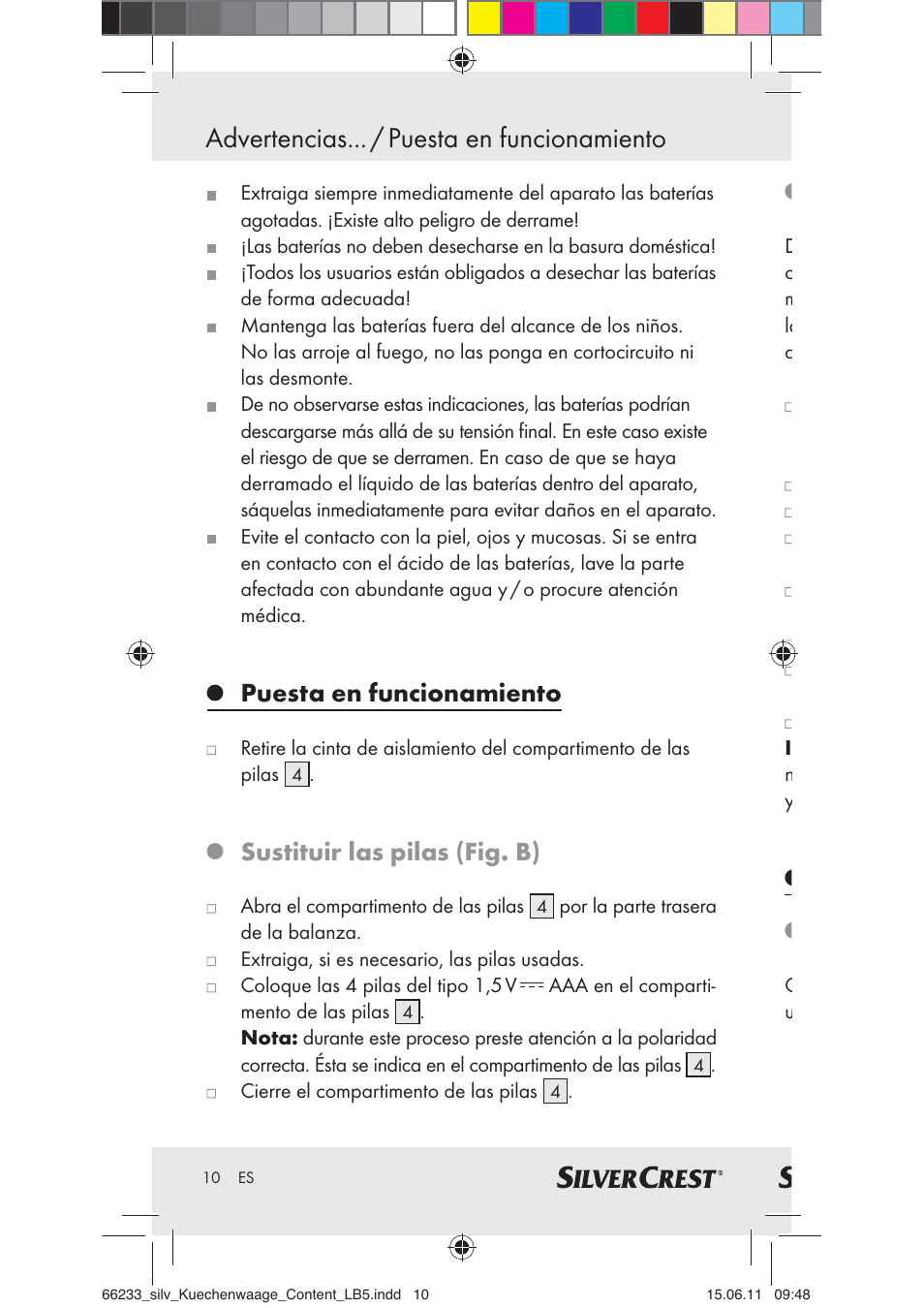 Advertencias... / puesta en funcionamiento, Puesta en funcionamiento, Sustituir las pilas (fig. b) | Silvercrest Z30441A User Manual | Page 8 / 58