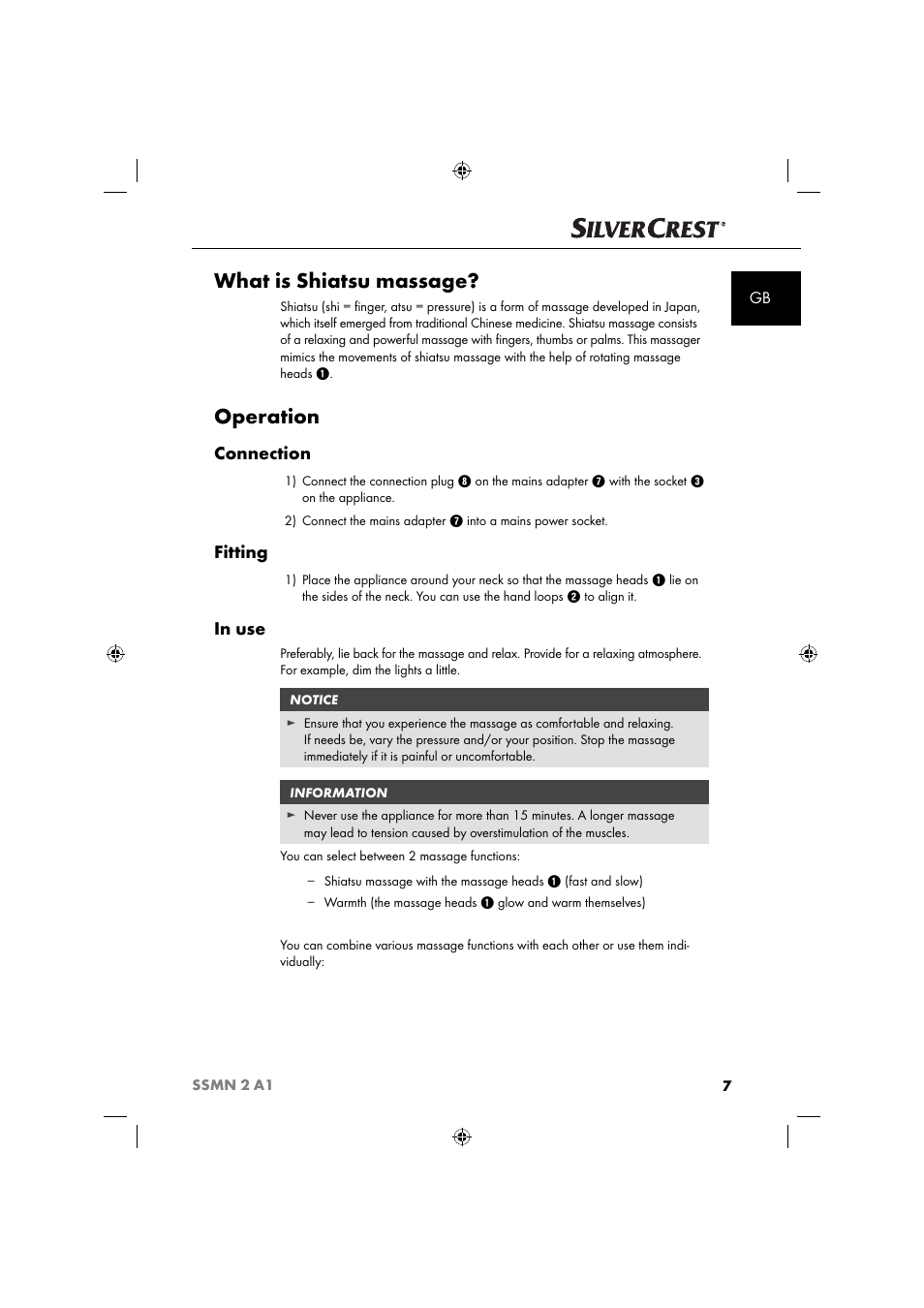 What is shiatsu massage, Operation, Connection | Fitting | Silvercrest SSMN 2 A1 User Manual | Page 10 / 45