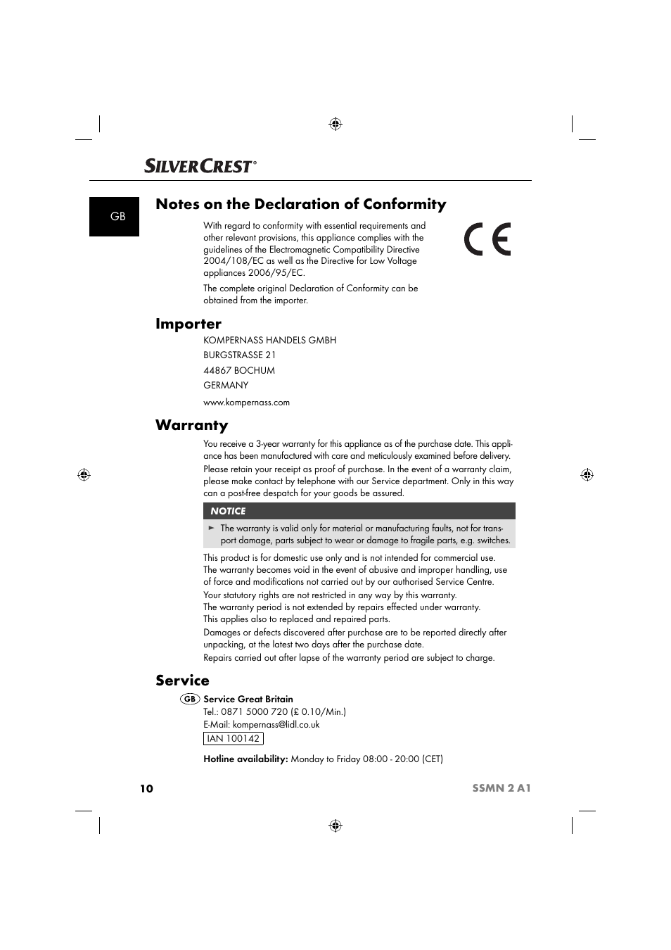 Importer, Warranty, Service | Silvercrest SSMN 2 A1 User Manual | Page 13 / 45