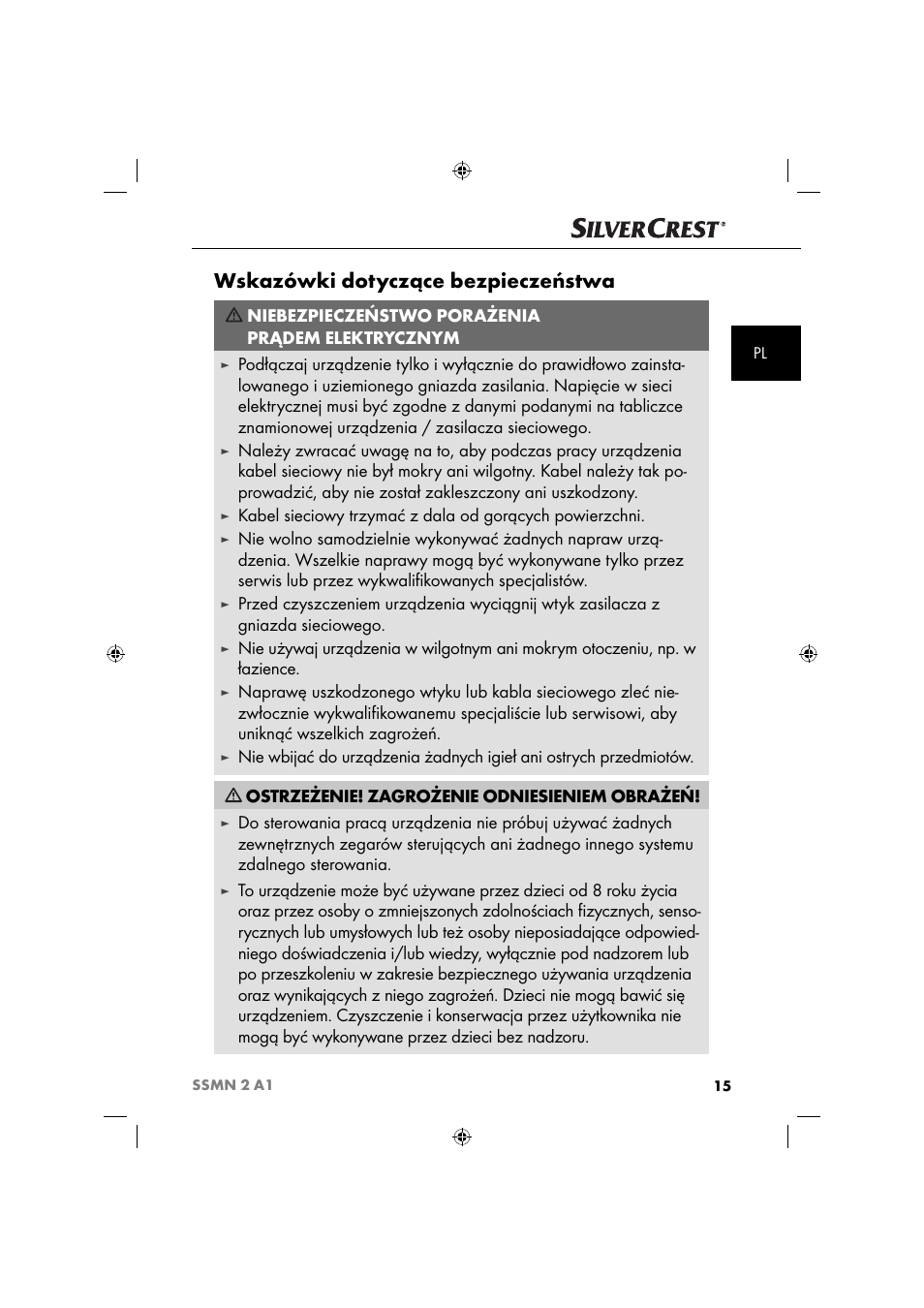 Wskazówki dotyczące bezpieczeństwa, Niebezpieczeństwo porażenia prądem elektrycznym | Silvercrest SSMN 2 A1 User Manual | Page 18 / 45