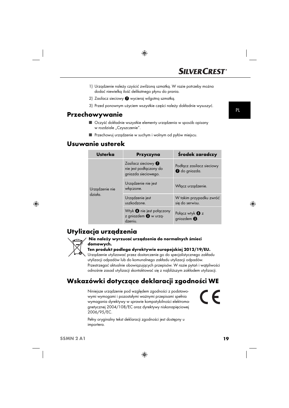 Przechowywanie, Usuwanie usterek, Utylizacja urządzenia | Wskazówki dotyczące deklaracji zgodności we | Silvercrest SSMN 2 A1 User Manual | Page 22 / 45