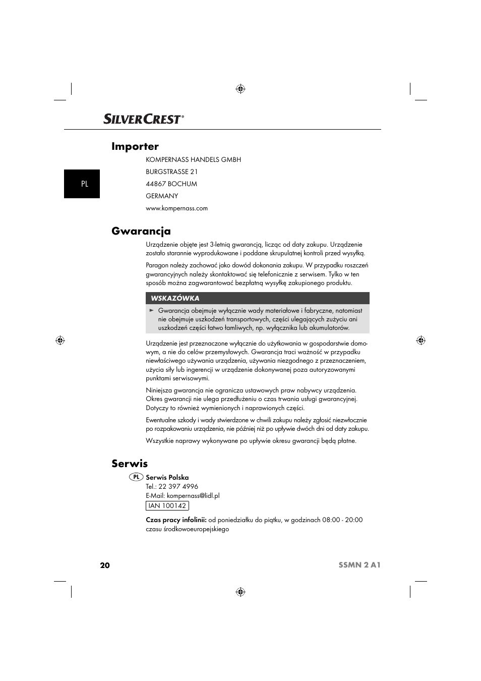 Importer, Gwarancja, Serwis | Silvercrest SSMN 2 A1 User Manual | Page 23 / 45