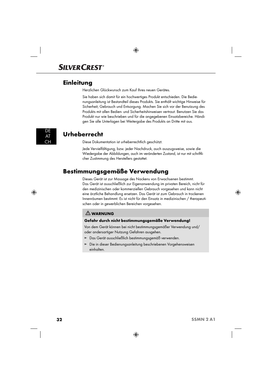 Einleitung, Urheberrecht, Bestimmungsgemäße verwendung | De at ch | Silvercrest SSMN 2 A1 User Manual | Page 35 / 45