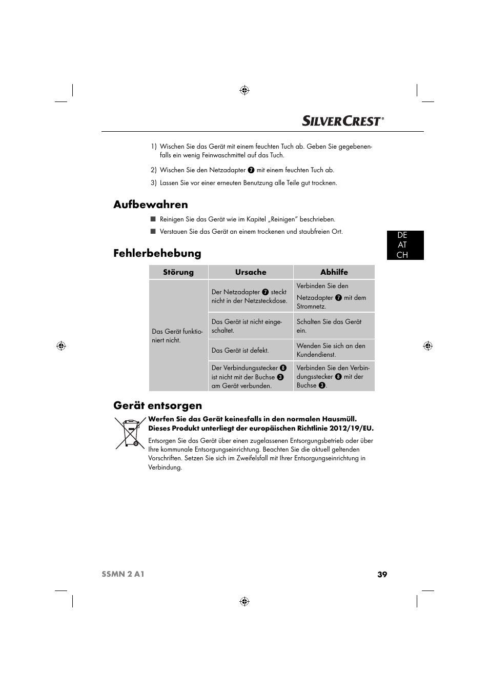 Aufbewahren, Fehlerbehebung, Gerät entsorgen | De at ch | Silvercrest SSMN 2 A1 User Manual | Page 42 / 45