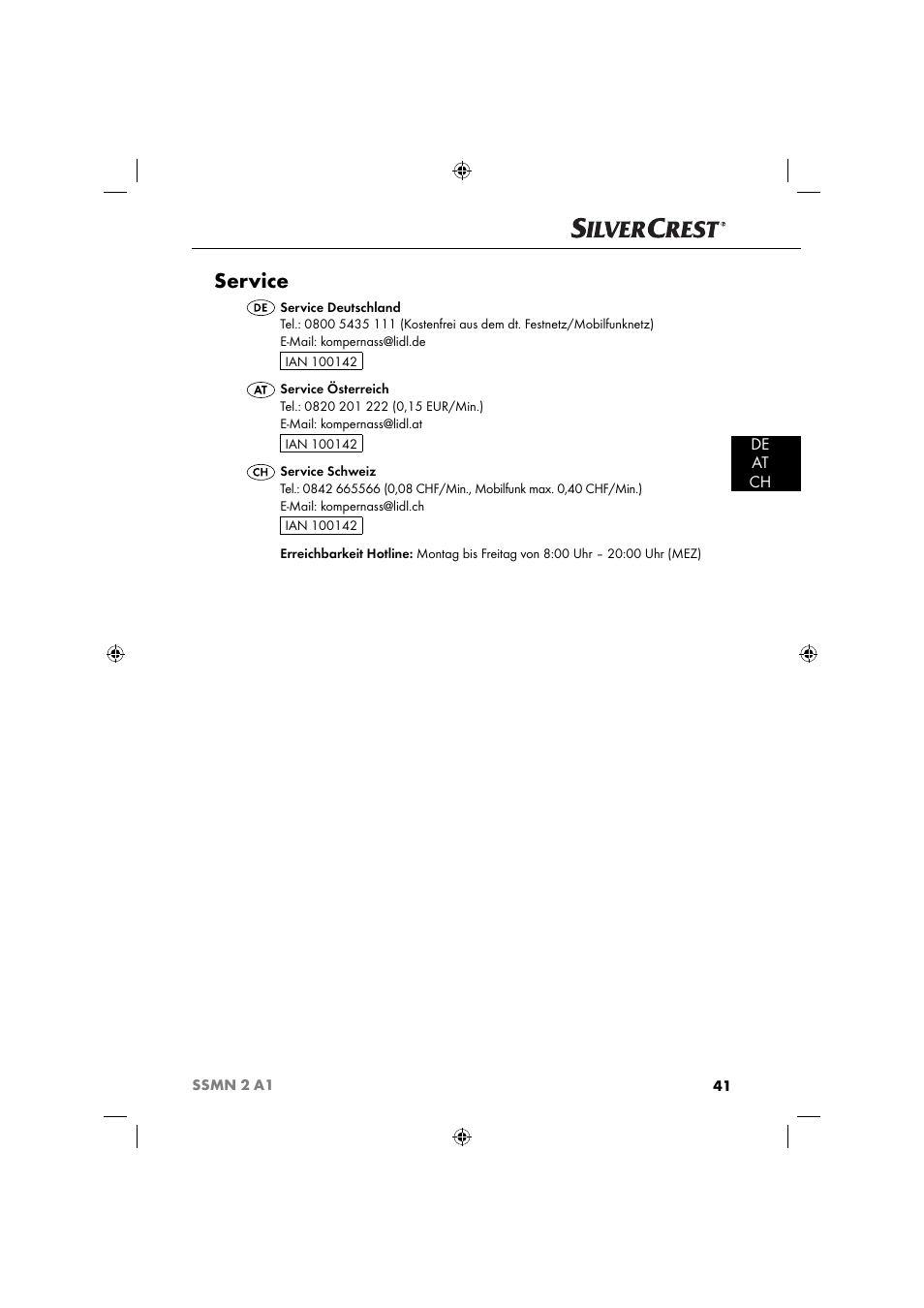 Service, De at ch | Silvercrest SSMN 2 A1 User Manual | Page 44 / 45