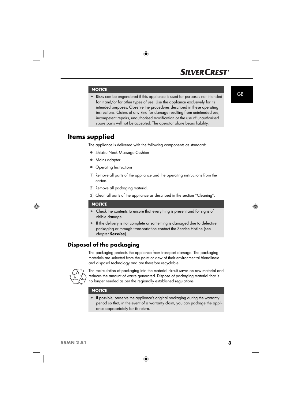 Items supplied, Disposal of the packaging | Silvercrest SSMN 2 A1 User Manual | Page 6 / 45